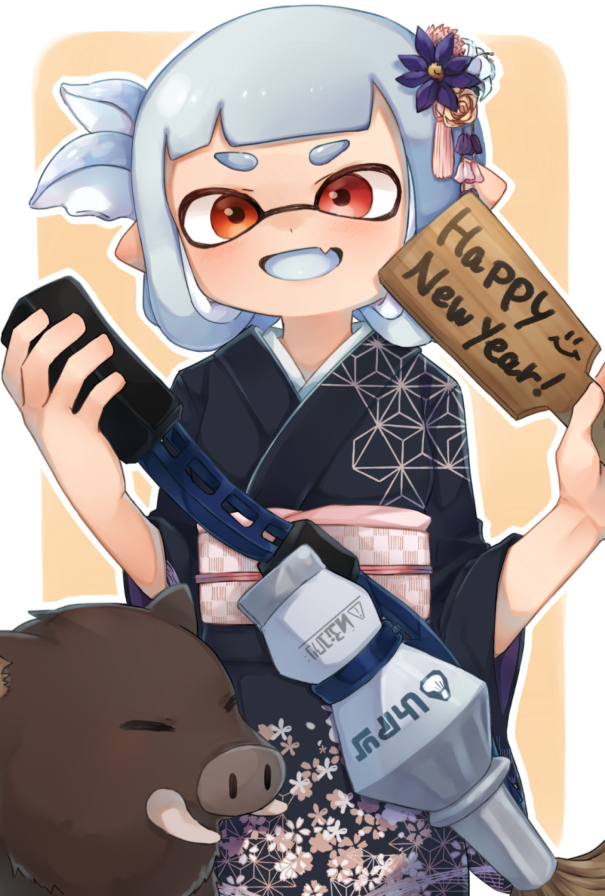 1girl akr_tmr black_kimono boar brown_eyes chinese_zodiac colored_tongue fang grey_tongue highres inkling japanese_clothes kimono looking_at_viewer open_mouth short_hair silver_hair skin_fang smile solo splatoon_(series) tentacle_hair tongue year_of_the_pig