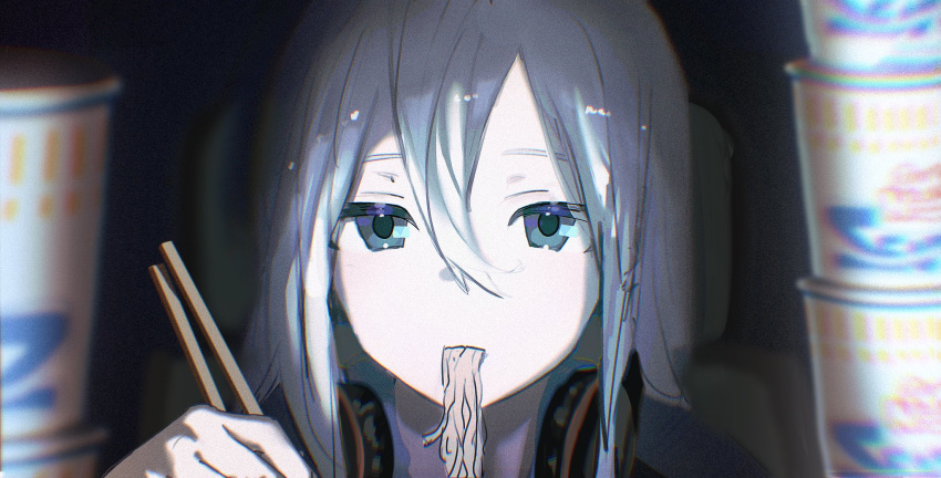 1girl blue_eyes chair chopsticks commentary_request cup_noodle cup_ramen eating eye_reflection food headphones headphones_around_neck highres holding holding_chopsticks long_hair looking_at_viewer noodles project_sekai reflection sleeper_am03 solo upper_body very_long_hair white_hair yoisaki_kanade