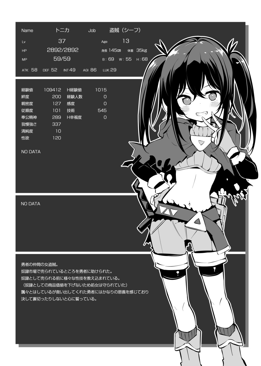 1girl absurdres belt blush boots capelet closed_eyes fingerless_gloves gloves highres information maturiuta_sorato medium_hair monochrome navel open_mouth original sheath sheathed shorts translation_request twintails v