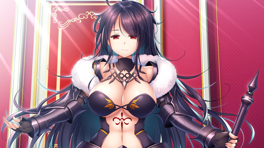 1girl ahoge armor bangs black_gloves blue_hair breasts charlotte_vie_atrustia cleavage closed_mouth eyebrows_visible_through_hair fingerless_gloves floating_hair game_cg gloves gradient_hair hair_between_eyes highres holding holding_polearm holding_weapon ko~cha large_breasts long_hair looking_at_viewer midriff multicolored_hair navel polearm purple_hair red_eyes shiny shiny_hair smile solo stomach sunlight underboob upper_body very_long_hair weapon yuukyuu_no_campanella