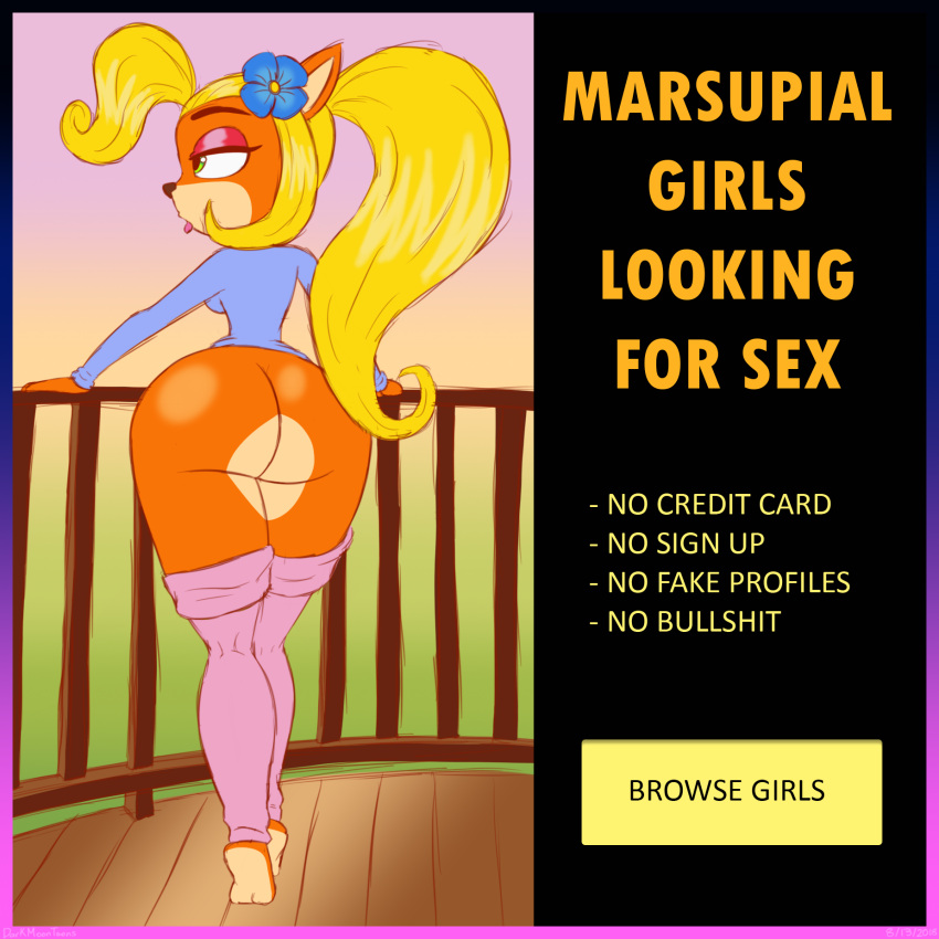 1:1 2018 accessory activision advertisement anthro bandicoot barefoot big_butt biped black_nose blonde_hair blu3danny blue_clothing blue_flower blue_shirt blue_topwear bottomless breasts butt clothed clothing coco_bandicoot crash_bandicoot_(series) curls curvy_figure digital_media_(artwork) english_text evening eyebrows eyelashes eyeshadow fake_advertisement feet female flower flower_in_hair fur green_eyes hair hair_accessory half-closed_eyes hi_res huge_butt humor legwear long_hair looking_sideways makeup mammal marsupial multicolored_body multicolored_fur narrowed_eyes orange_body orange_fur outside pink_clothing pink_legwear plant ponytail rear_view shirt sky solo standing tailless text thick_thighs thigh_highs tongue tongue_out topwear two_tone_body two_tone_fur universal_studios video_games voluptuous wide_hips