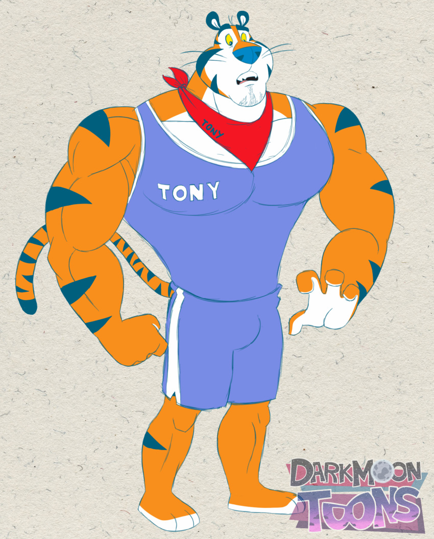anthro big_muscles blu3danny bottomwear bulge clothed clothing english_text felid frosted_flakes hi_res huge_muscles hyper hyper_muscles kellogg's male mammal mascot muscular muscular_anthro muscular_male pantherine shirt shorts solo tank_top text tiger tony_the_tiger toony topwear