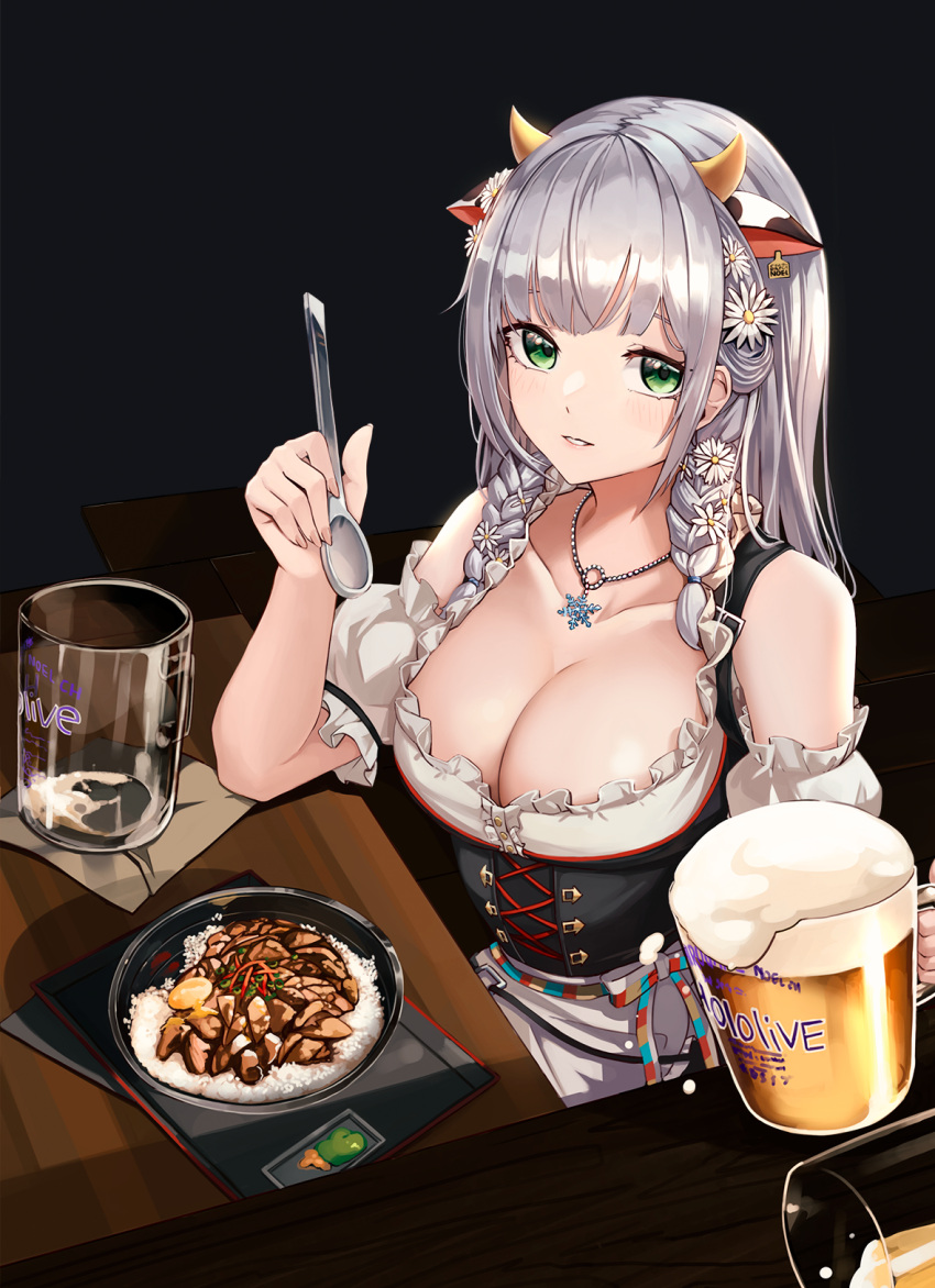 1girl alcohol animal_ears anizi bangs bare_shoulders beer blush bowl braid breasts cleavage collarbone corset cow_ears cow_horns cup detached_sleeves drinking_glass ear_tag elbow_rest flower foam food from_above german_clothes green_eyes grey_hair hair_flower hair_ornament highres holding holding_cup holding_spoon hololive horns large_breasts long_hair looking_at_viewer official_alternate_costume parted_lips rice rice_bowl shirogane_noel sitting snowflake_necklace solo spoon table tray twin_braids virtual_youtuber