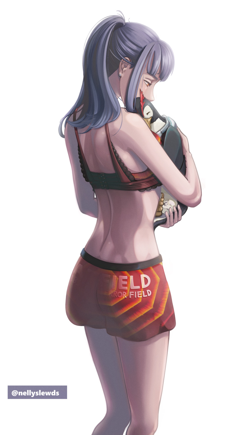 1girl absurdres at_field bare_legs bird bra carrying earrings from_behind half-closed_eyes highres jewelry katsuragi_misato long_hair nellyslewds neon_genesis_evangelion penguin penpen ponytail print_shorts red_bra red_eyes red_shorts shiny shiny_hair short_shorts shorts silver_hair simple_background solo standing twitter_username underwear white_background