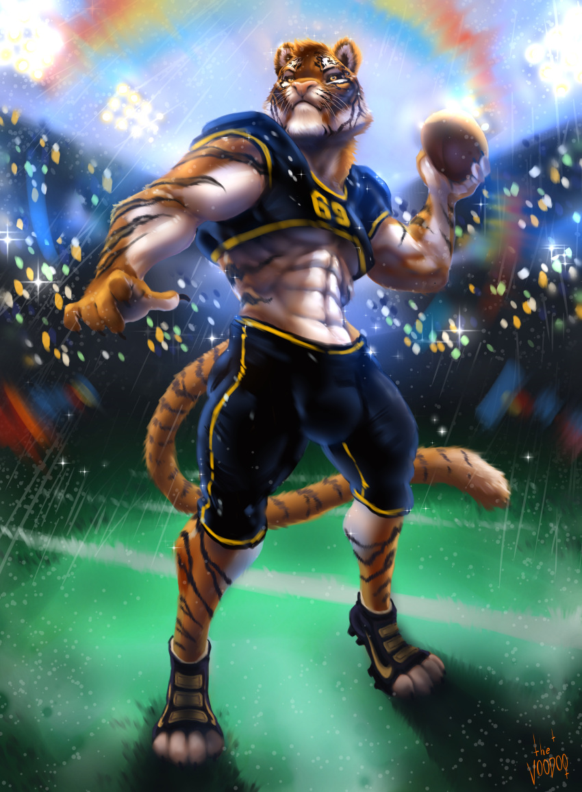 absurd_res anthro felid football_player football_uniform hi_res male mammal muscular muscular_anthro muscular_male pantherine pinup pose public solo sport sportswear the_v00d00 tiger