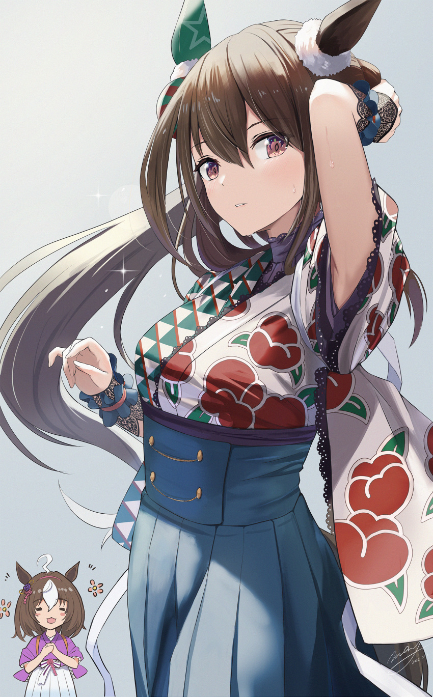 2girls absurdres admire_vega_(umamusume) ahoge animal_ears arm_behind_head bangs breasts brown_hair closed_eyes ear_covers furisode hakama hand_up highres horse_ears horse_girl horse_tail japanese_clothes kimono m.a.y. medium_breasts meisho_doto_(umamusume) multicolored_hair multiple_girls own_hands_together parted_lips ponytail purple_eyes scrunchie short_hair sidelocks signature single_ear_cover sparkle tail two-tone_hair umamusume white_hair wrist_scrunchie