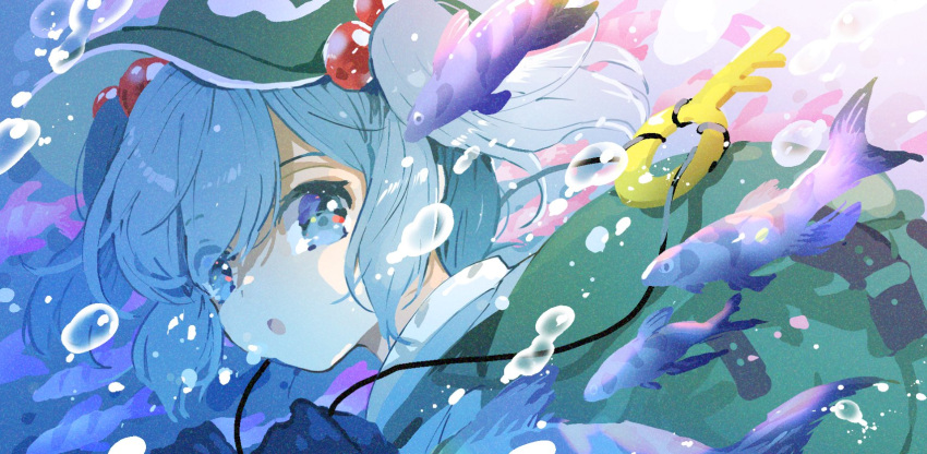 1girl :o azuma_aya backpack bag bangs blue_eyes blue_hair blue_shirt bubble commentary_request fish flat_cap green_headwear hair_bobbles hair_ornament hat highres kappa kawashiro_nitori key long_sleeves medium_hair pocket shirt short_twintails touhou twintails two_side_up underwater