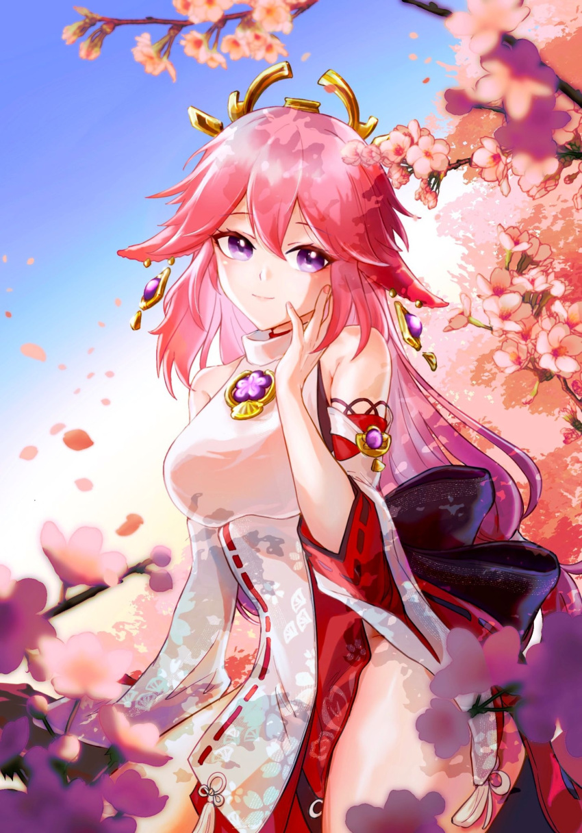 1526702701 1girl animal_ears arm_at_side arm_up bangs bare_shoulders black_nails blue_sky blush branch breasts chinese_commentary clear_sky commentary_request cowboy_shot day detached_sleeves earrings eyelashes falling_petals feet_out_of_frame flower fox_ears genshin_impact hair_between_eyes hand_on_own_face headgear highres japanese_clothes jewelry large_breasts lips long_hair long_sleeves looking_at_viewer miko nail_polish necklace obi outdoors parted_lips petals pink_flower pink_hair pink_nails priestess print_sleeves purple_eyes ribbon-trimmed_sleeves ribbon_trim sash shiny shiny_hair shiny_skin sky smile solo standing tassel thighs turtleneck yae_(genshin_impact)