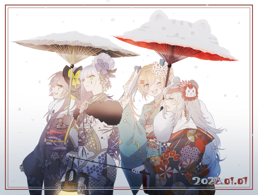 2022 404_(girls'_frontline) alternate_costume alternate_hairstyle animal_ears blush bow brown_eyes brown_hair closed_mouth dated eyebrows_visible_through_hair flower fur-trimmed_kimono fur_trim g11_(girls'_frontline) g11_(lucky_rat's_lazy_spring)_(girls'_frontline) girls'_frontline green_eyes hair_bow hair_flower hair_ornament hair_ribbon hairclip hatsumoude highres hk416_(girls'_frontline) holding holding_lamp holding_mask holding_umbrella japanese_clothes kimono light_blue_hair long_hair looking_at_another looking_away mask mouse_ears multiple_girls official_alternate_costume oil-paper_umbrella one_eye_closed open_mouth rabb_horn red_eyes ribbon scar scar_across_eye silver_hair simple_background smile snow snowflakes teardrop_facial_mark teardrop_tattoo teeth twintails umbrella ump45_(girls'_frontline) ump45_(lonely_traveler_of_eternity)_(girls'_frontline) ump9_(girls'_frontline) upper_body upper_teeth