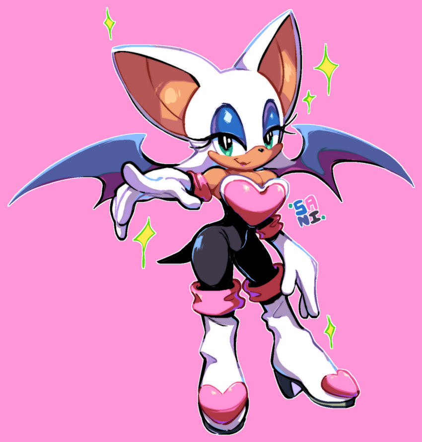 2021 5_fingers anthro boots breasts chiropteran cleavage clothed clothing eyeshadow female fingers footwear gloves green_eyes handwear hi_res high_heeled_boots high_heels lipstick makeup mammal membrane_(anatomy) membranous_wings rouge_the_bat sanikink sega signature simple_background smile solo sonic_the_hedgehog_(series) video_games wings