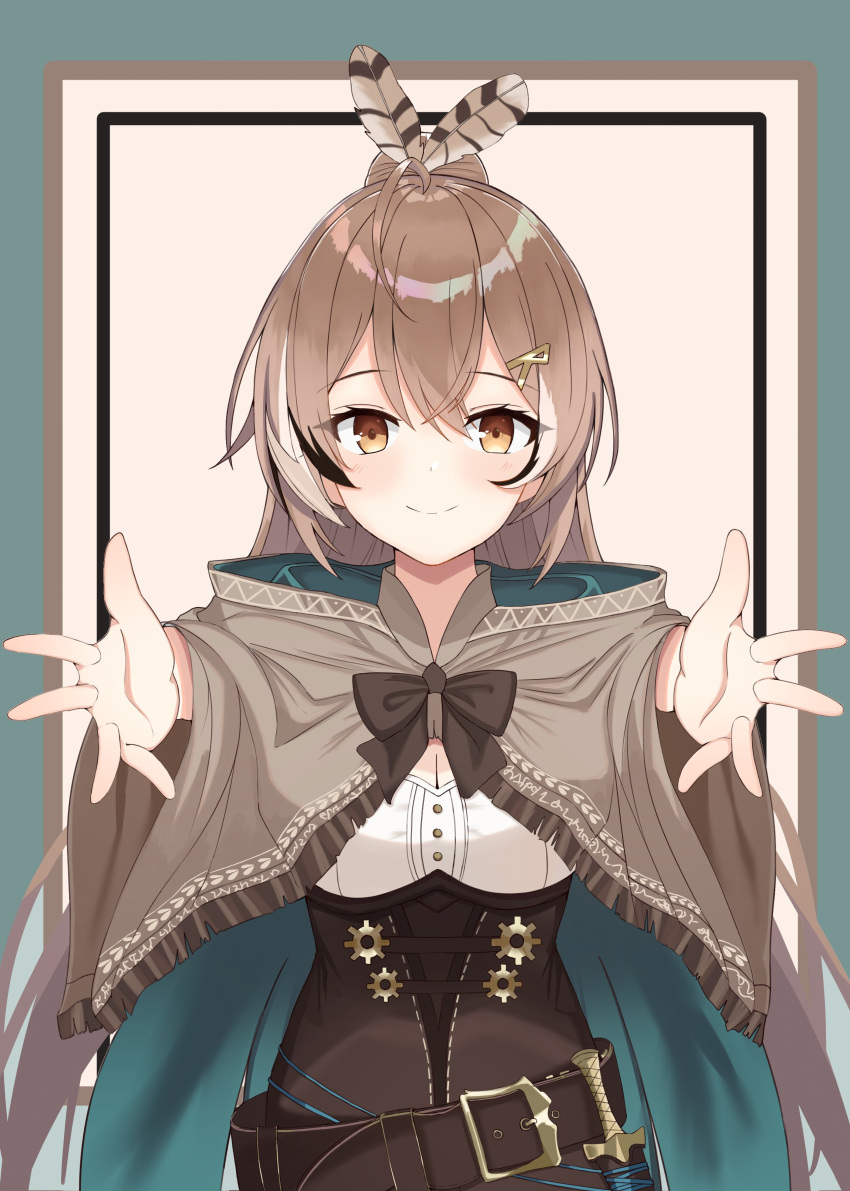 1girl absurdres ahoge bangs belt blush brown_eyes brown_hair cloak corset dagger feathers fingerless_gloves gloves hair_ornament hieroglyphics highres hololive hololive_english hug knife long_hair looking_at_viewer nanashi_mumei onier open_hands ponytail shirt smile virtual_youtuber weapon