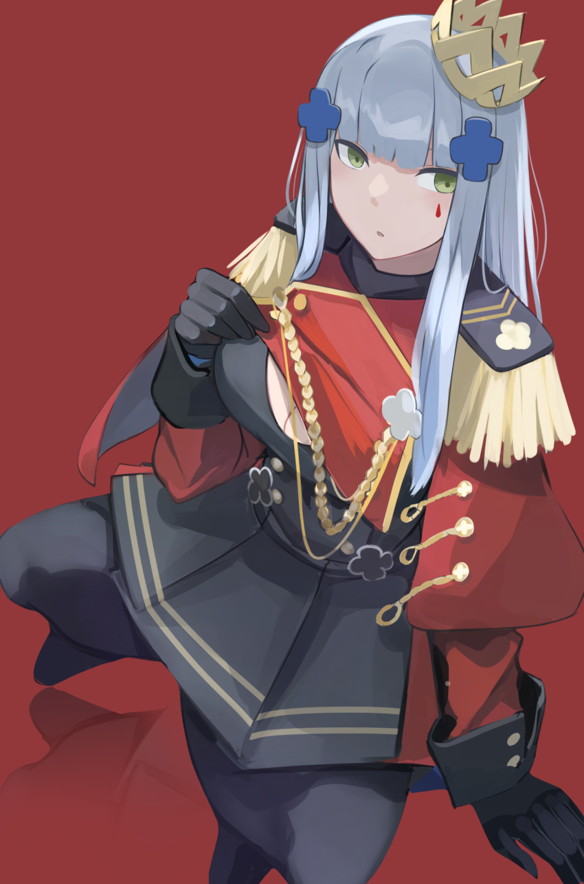 1girl bangs black_dress black_gloves blue_hair breasts chcn crown_hair_ornament dress eyebrows_visible_through_hair girls'_frontline gloves green_eyes hair_ornament hairclip highres hk416_(girls'_frontline) hk416_(percussive_bolero)_(girls'_frontline) jacket long_hair looking_at_viewer marching_band medium_breasts official_alternate_costume pantyhose red_background red_jacket sitting solo teardrop_facial_mark teardrop_tattoo