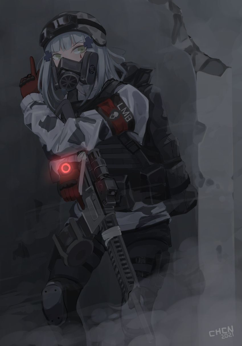 1girl armor artist_name assault_rifle backpack bag bangs black_pants blue_hair camouflage camouflage_helmet camouflage_jacket chcn eyebrows_visible_through_hair eyewear_on_head feet_out_of_frame girls'_frontline gloves green_eyes gun h&amp;k_hk416 hair_ornament hairclip helmet highres hk416_(fang)_(girls'_frontline) hk416_(girls'_frontline) holding holding_gun holding_weapon index_finger_raised jacket knee_pads long_hair looking_at_viewer mask official_alternate_costume pants red_gloves rifle safety_glasses solo standing tactical_clothes teardrop_facial_mark teardrop_tattoo tom_clancy's_the_division uniform weapon white_jacket