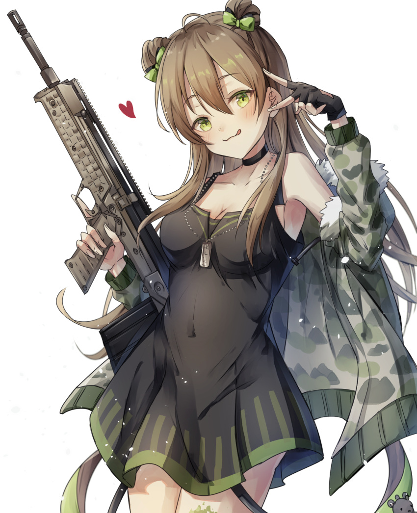 1girl bangs black_choker black_gloves black_shirt blush bow breasts brown_hair bullpup camouflage camouflage_jacket choker closed_mouth collarbone covered_navel double_bun eyebrows_visible_through_hair feet_out_of_frame fingerless_gloves fur-trimmed_jacket fur_trim girls'_frontline gloves green_eyes gun hair_bow heart heart_print highres holding holding_gun holding_weapon jacket jacket_pull jewelry kel-tec_rfb kogarashi_kon licking_lips long_hair looking_at_viewer medium_breasts necklace open_clothes open_jacket rfb_(girls'_frontline) rifle shirt smile solo standing tongue tongue_out weapon white_background