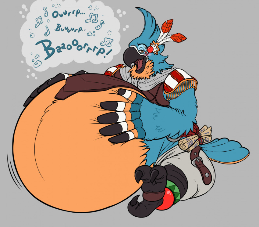 2022 3_toes 5_fingers anthro avian belly big_belly bird blue_body blue_feathers breath_of_the_wild burp_cloud burping clothing eggo21 feathers feet fingers hand_on_stomach inflation kass_(tloz) looking_at_viewer male musical_note nintendo parrot sitting solo the_legend_of_zelda toes video_games