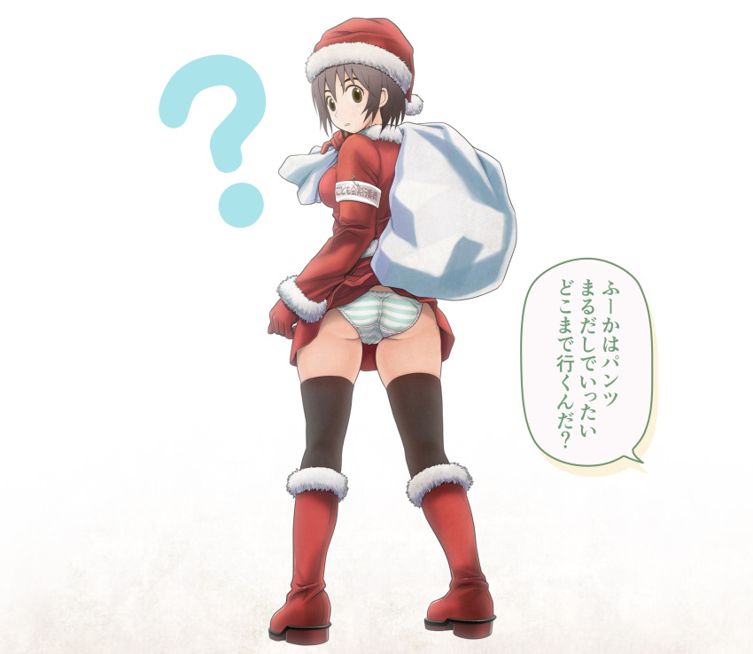 1girl ? ass ayase_fuuka blue_panties boots brown_eyes brown_hair christmas commentary_request eyebrows gloves hat highres looking_back panties parted_lips photoshop_(medium) red_footwear red_gloves sack santa_costume santa_hat short_hair solo speech_bubble striped striped_panties thick_eyebrows thighhighs translation_request trefoil underwear v-mag white_panties wind wind_lift yotsubato!