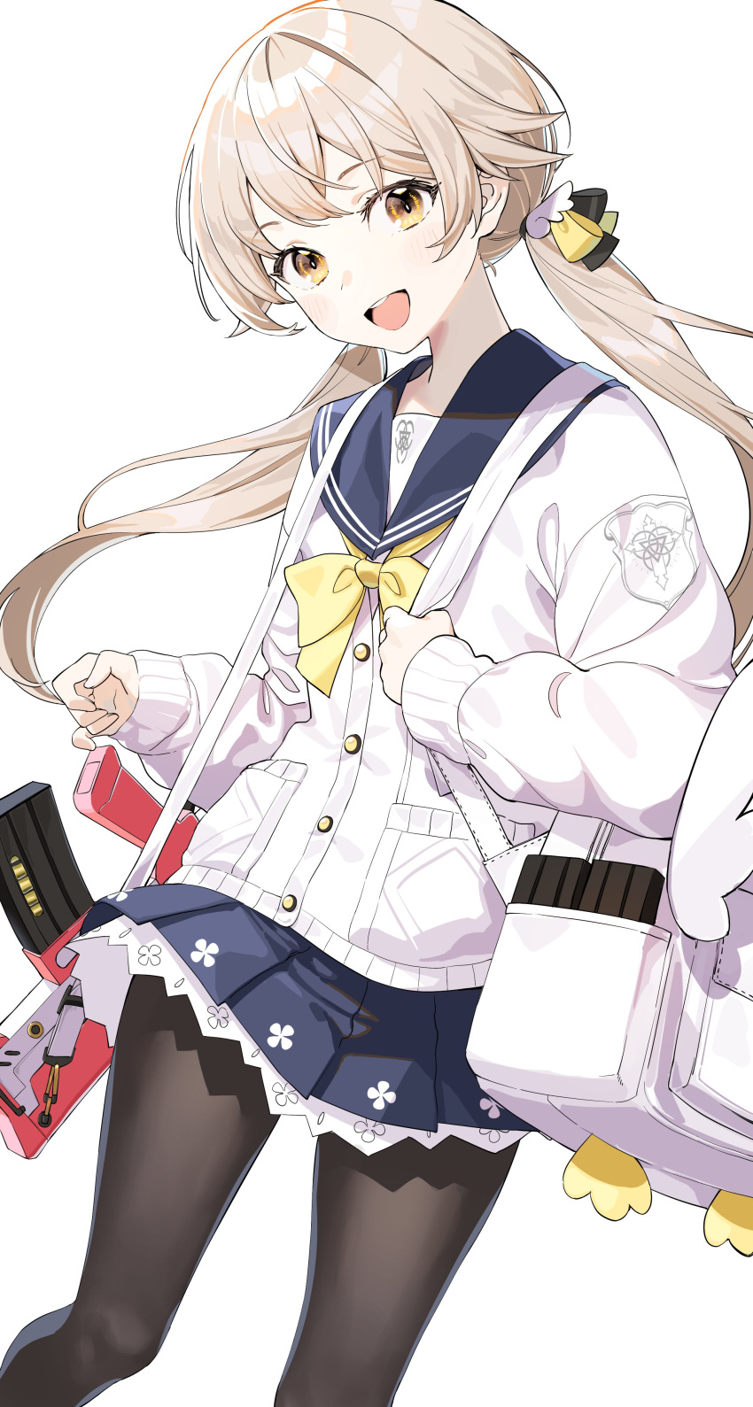 1girl absurdres arjent bag black_legwear blonde_hair blue_archive blue_sailor_collar blue_skirt bow bowtie buttons eyebrows_visible_through_hair feet_out_of_frame gun head_tilt hifumi_(blue_archive) highres jacket long_hair long_sleeves looking_at_viewer open_mouth pantyhose pleated_skirt sailor_collar sailor_shirt shiny shiny_hair shirt shoulder_bag skirt solo upper_body weapon white_bag white_jacket yellow_bow yellow_bowtie yellow_eyes