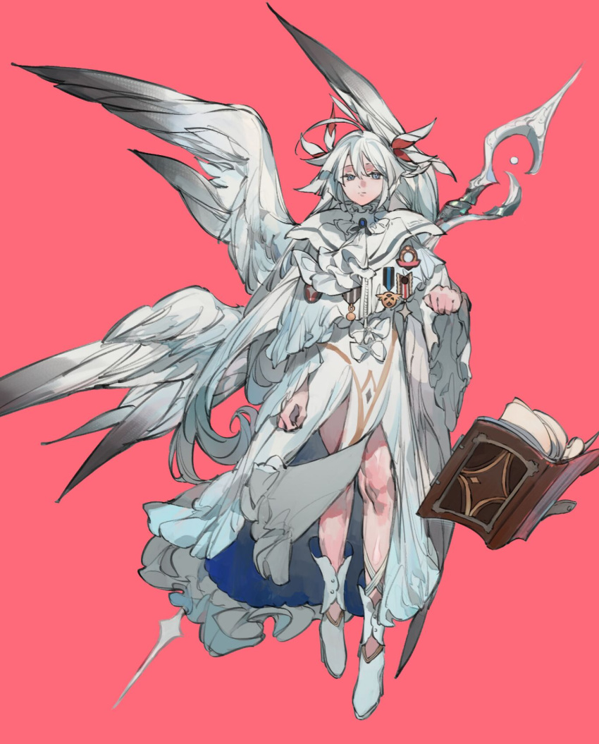 book chocolate_(jitong) feathered_wings full_body highres looking_at_viewer medal original pink_background ratnig:s staff white_footwear white_hair white_wings wings