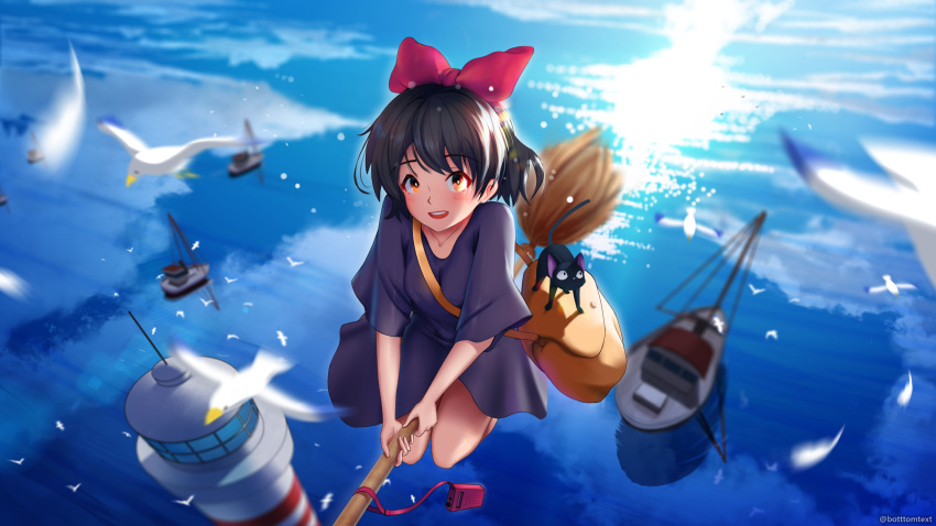 1girl :d absurdres bag between_breasts bird black_cat black_dress black_hair blurry blurry_foreground boat botttomtext bow breasts broom broom_riding brown_bag cat collarbone dress eyebrows_visible_through_hair feathers flying hair_between_eyes hair_ornament highres jiji_(majo_no_takkyuubin) kiki majo_no_takkyuubin no_socks ocean open_mouth red_bow reflection reflective_water shoulder_bag smile solo studio_ghibli teeth tower upper_teeth watercraft witch yellow_eyes