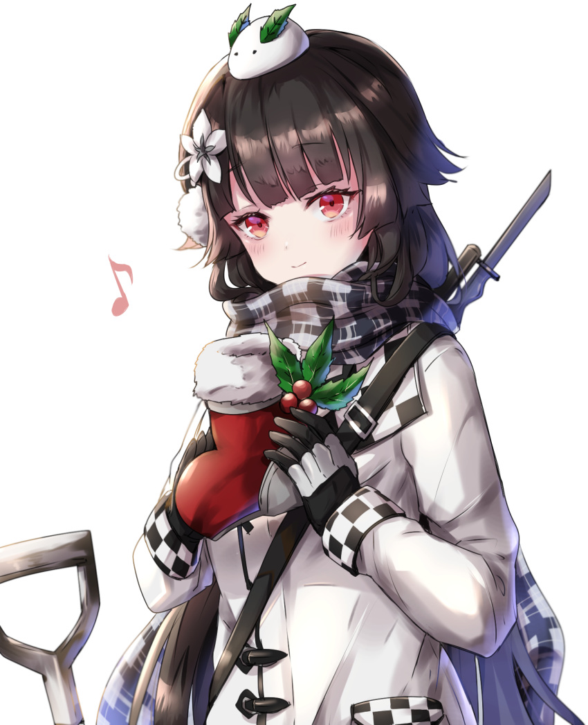 1girl bangs black_hair blush closed_mouth coat eyebrows_visible_through_hair flower gift girls'_frontline gun hair_flower hair_ornament highres holding holding_gift jacket kogarashi_kon long_hair looking_at_viewer musical_note musical_note_print official_alternate_costume plaid plaid_scarf red_eyes rifle_on_back scarf solo submachine_gun type_100 type_100_(girls'_frontline) type_100_(treasure_buried_deep_within)_(girls'_frontline) upper_body weapon white_coat white_jacket