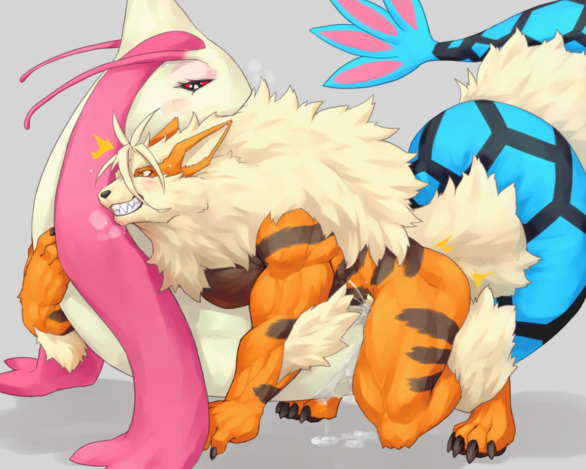 ambiguous_gender arcanine blush canid canine captainjohkid claws entwined_tails hi_res looking_pleasured male mammal muscular muscular_male nintendo pok&eacute;mon pok&eacute;mon_(species) sex simple_background smile tail_coil video_games