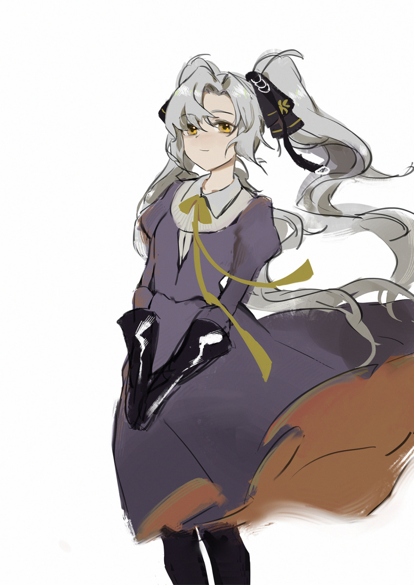 1girl aug_para_(girls'_frontline) bangs black_gloves closed_mouth dress elbow_gloves eyebrows_visible_through_hair feet_out_of_frame girls'_frontline gloves grey_hair hair_ribbon highres long_hair looking_away purple_dress ribbon smile_(mm-l) solo standing twintails white_background yellow_eyes