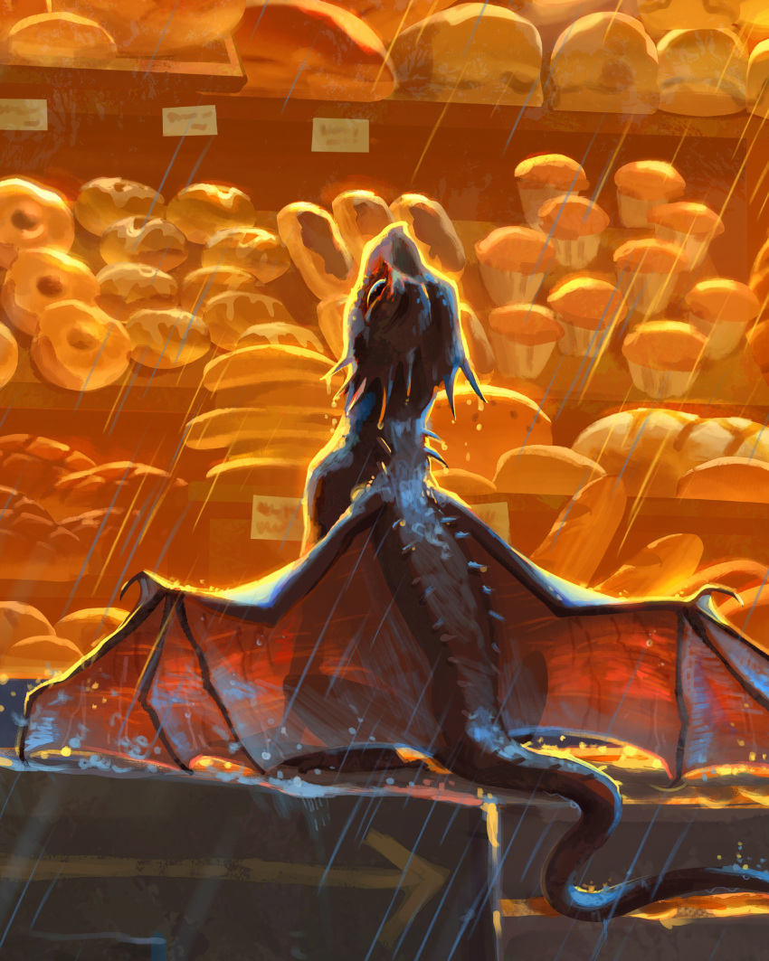 2021 4:5 ambiguous_gender bakery black_body black_scales dessert doughnut dragon feral food hi_res membrane_(anatomy) membranous_wings on_ground pastry raining red_wings scales sitting solo tamberella wing_claws wings