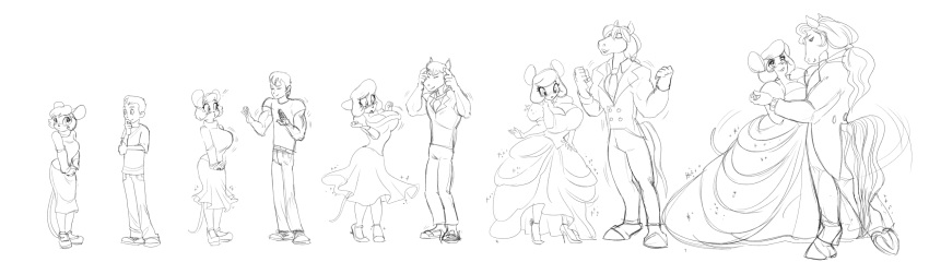 2017 anthro anthro_on_anthro big_breasts body_size_growth bottomwear breast_expansion breasts clothing dancing dress equid equine expansion female growth hair hi_res hooves horse human human_to_anthro kabuki_homewood male male/female mammal monochrome mouse murid murine pants rodent shirt shy simple_background size_transformation smile species_transformation standing surprise tail_growth topwear transformation white_background