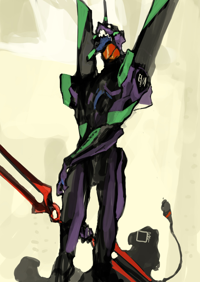 absurdres eva_01 highres holding holding_polearm holding_weapon lance_of_longinus mecha neon_genesis_evangelion no_humans open_mouth polearm rebuild_of_evangelion red_ace science_fiction solo standing weapon yellow_eyes