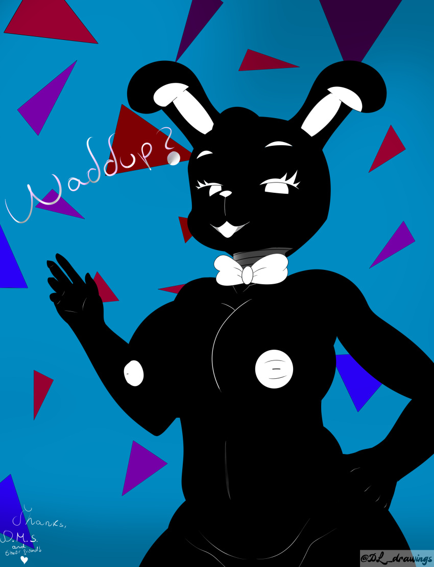 absurd_res animatronic anthro big_breasts black_body black_hair breasts buckteeth clothed clothing desesperadoleon english_text female five_nights_at_freddy's five_nights_at_freddy's_2 hair hi_res lagomorph leporid long_ears looking_at_viewer machine mammal multicolored_body narrowed_eyes nipples rabbit robot scottgames shadow_bonnie_(fnaf) simple_background solo teeth text topless topless_female two_tone_body video_games white_body white_eyes wide_hips