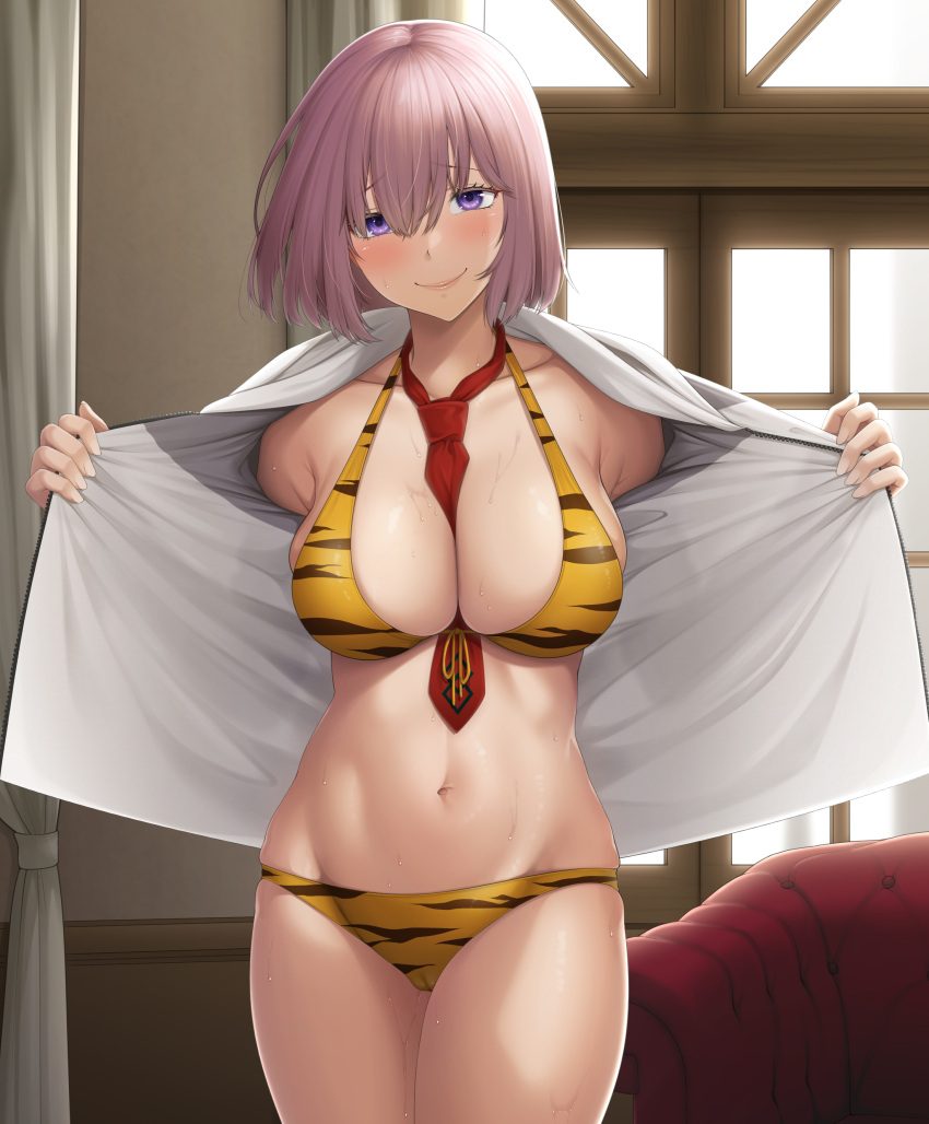 1girl absurdres animal_print ao_banana between_breasts bikini blush breasts cowboy_shot fate/grand_order fate_(series) hair_over_one_eye highres large_breasts looking_at_viewer mash_kyrielight necktie necktie_between_breasts purple_eyes purple_hair red_necktie short_hair swimsuit tiger_print