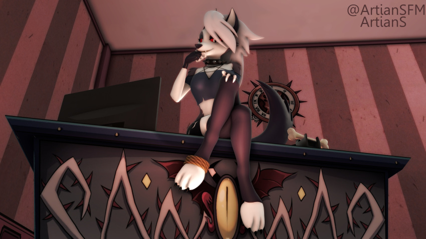 3_toes 3d_(artwork) absurd_res anthro artians barefoot bottomwear canid canid_demon canine choker claws clock clothed clothing collar demon desk detailed_background digital_media_(artwork) digitigrade fangs feet female fingerless_gloves fur furniture gloves hair hand_on_face hand_on_knee hand_on_leg hand_on_mouth handwear hellhound helluva_boss hi_res inside inverted_pentagram jewelry legwear looking_at_viewer looking_down loona_(helluva_boss) low-angle_view mammal monitor multicolored_body multicolored_fur necklace notched_ear pentagram phone red_sclera rope shirt shorts sitting smile smiling_at_viewer solo source_filmmaker stockings table teeth toe_claws toes topwear torn_clothing white_body white_eyes white_fur white_hair
