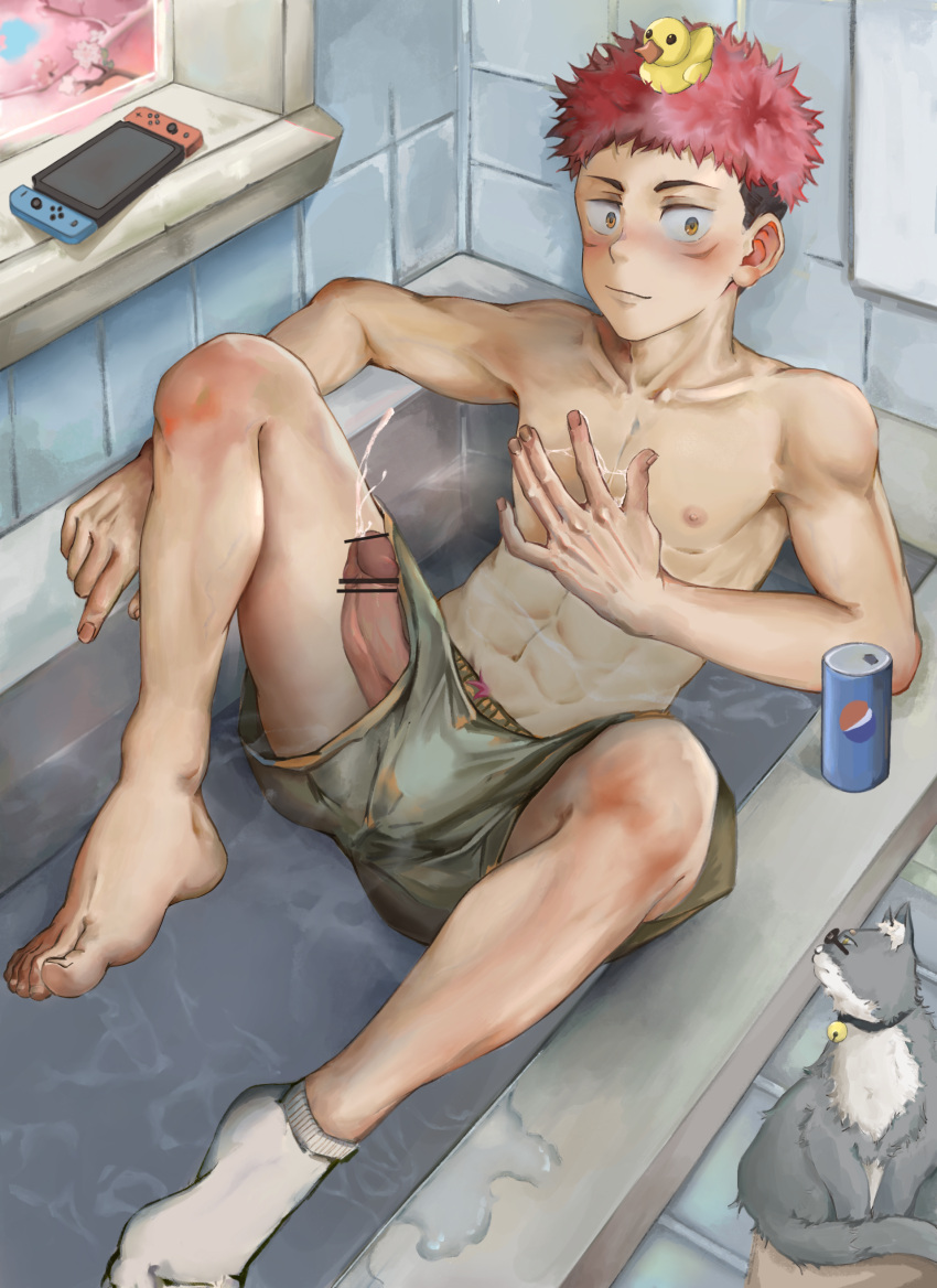 1boy abs absurdres animal bar_censor bathing bathtub blush boxer_briefs brown_eyes can cat censored closed_mouth clothing_aside cum ejaculation erection ezur3885 feet grey_male_underwear hand_on_own_chest handheld_game_console highres itadori_yuuji jujutsu_kaisen looking_at_viewer male_focus male_underwear male_underwear_aside navel nintendo_switch nipples partially_submerged penis pink_hair projectile_cum rubber_duck short_hair single_sock socks soda_can solo thighs toned toned_male undercut underwear water