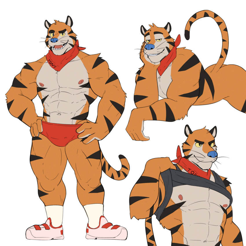 2022 abs anthro bandanna_on_neck barazoku black_eyes briefs clothing felid frosted_flakes fur hands_on_hips hi_res jrjresq kellogg's male mammal mascot muscular muscular_male nipples orange_body orange_fur pantherine solo striped_body striped_fur stripes tiger tony_the_tiger underwear yellow_sclera