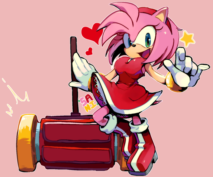 &lt;3 2021 5_fingers accessory amy_rose anthro boots breasts clothing eulipotyphlan female fingers footwear green_eyes hair_accessory hairband hammer hedgehog hi_res mammal open_mouth open_smile sanikink sega signature simple_background smile solo sonic_the_hedgehog_(series) tongue tools video_games