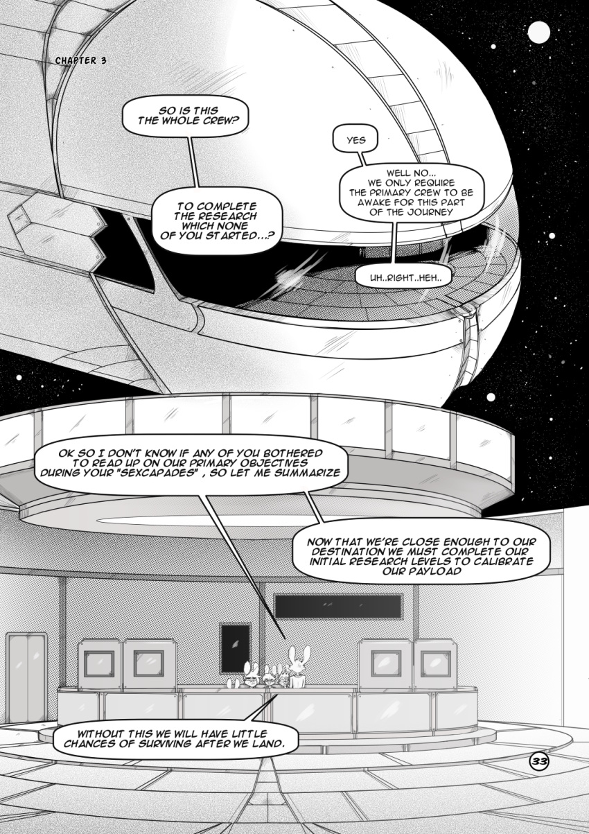 anthro clothing comic dialogue english_text greyscale group hair hi_res inoby lagomorph leporid looking_at_another male mammal monochrome page_number rabbit short_hair sitting size_difference space spacecraft speech_bubble star text vehicle