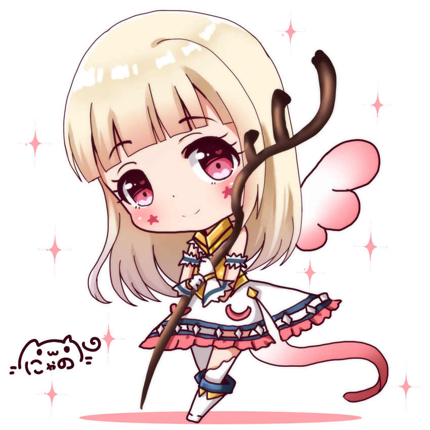 1girl bangs bare_shoulders blonde_hair blunt_bangs blush boots chibi closed_mouth commentary_request copyright_request dress eyebrows_visible_through_hair facial_mark frilled_dress frills gloves head_tilt highres holding holding_staff knee_boots long_hair looking_at_viewer mini_wings nyano21 pink_wings red_eyes shadow sleeveless sleeveless_dress smile solo sparkle staff star tail thighhighs white_background white_dress white_footwear white_gloves white_legwear wings