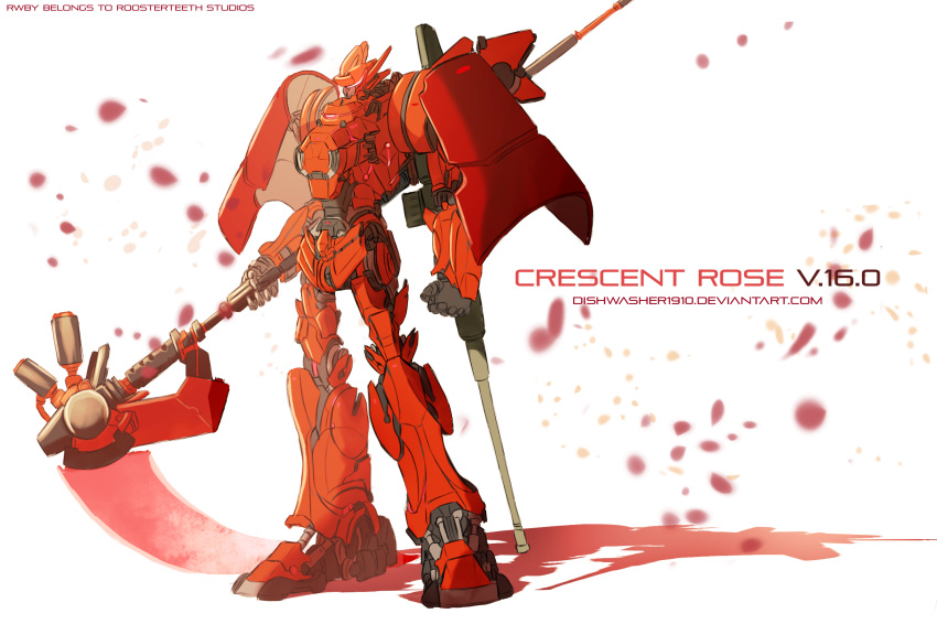 armor commentary crescent_rose dishwasher1910 english_commentary full_body highres mecha mechanical no_humans oldschool original red_armor robot ruby_rose rwby scythe standing