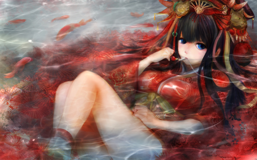 1girl black_hair blue_eyes character_request female fish goldfish hair_ornament highres japanese_clothes kimono looking_at_viewer lying soaking soaking_feet solo traditional_clothes underwater wading water zhang_xiao_bo