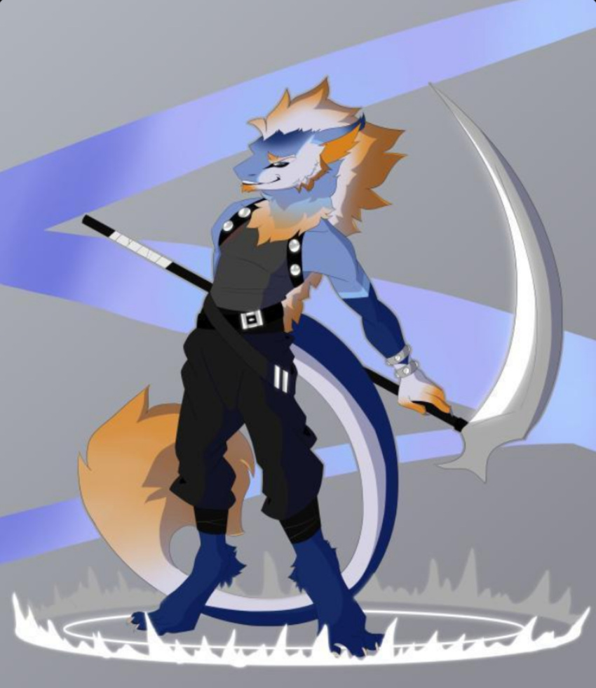 4_toes battle_aura battle_scythe blade clothed clothing dancusovier feet fighting_pose fur hi_res humanoid hybrid long_tail male mane maned_sergal melee melee_weapon polearm pose scythe sergal sergal-wolf sleeveless_shirt toes weapon