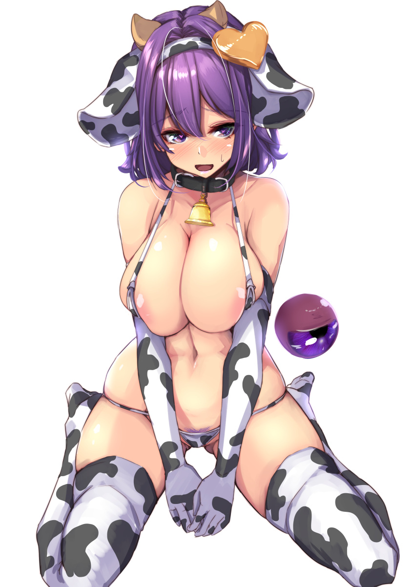 1girl 2021 absurdres animal_collar animal_ears animal_print areola_slip areolae bangs bell bikini black_collar blush breasts chinese_zodiac cleavage collar cow_ears cow_horns cow_print fake_animal_ears fake_horns gloves grey_background hair_ornament half-closed_eyes halterneck happy_new_year heart heart-shaped_pupils heart_hair_ornament highres horns komeiji_satori large_breasts looking_at_viewer navel neck_bell new_year own_hands_together print_bikini print_gloves print_legwear purple_eyes purple_hair shadow short_hair solo sweatdrop swimsuit symbol-shaped_pupils thighhighs third_eye touhou v_arms white_bikini white_gloves white_legwear year_of_the_ox yukito_(dreamrider)