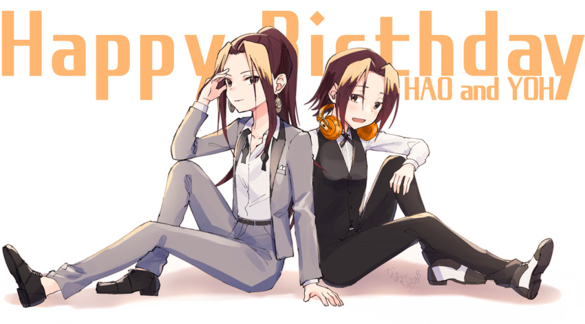 2girls :d background_text bangs black_footwear black_pants black_vest brown_hair closed_mouth collared_shirt copyright_request dress_shirt earrings eyebrows_visible_through_hair forehead grey_jacket grey_pants happy_birthday headphones headphones_around_neck highres jacket jewelry long_sleeves looking_at_viewer mugi_(iccomae) multicolored_hair multiple_girls open_clothes open_jacket pants parted_bangs shirt shoes smile two-tone_hair vest white_background white_footwear white_shirt