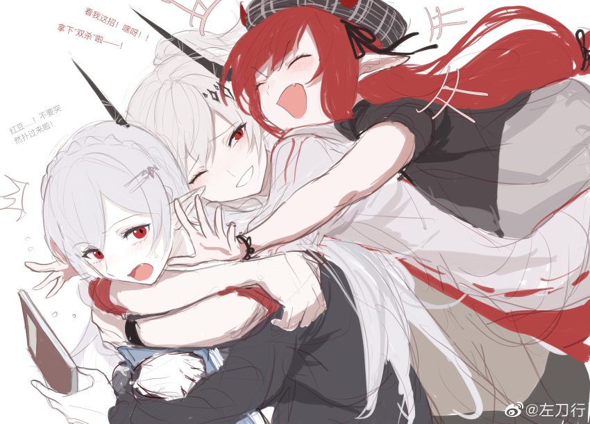 +++ 3girls ^^^ absurdres arknights artist_name black_headwear blush book bracelet braid chinese_commentary chinese_text closed_eyes crown_braid dutch_angle fang highres holding holding_book horns horns_through_headwear hug hug_from_behind jewelry laughing long_hair long_sleeves looking_back mudrock_(arknights) multiple_girls open_mouth pointy_ears red_eyes red_hair short_sleeves silver_hair simple_background sketch sweatdrop translation_request upper_body very_long_hair vigna_(arknights) warfarin_(arknights) weibo_username white_background zuo_daoxing