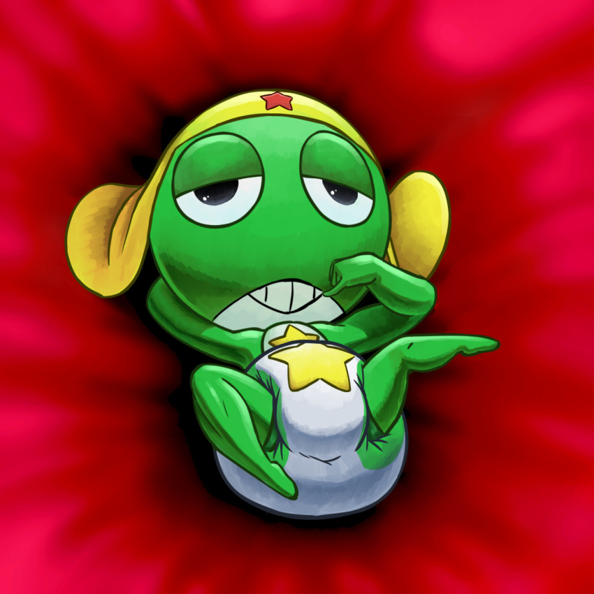 alien amphibian ass_up bedroom_eyes butt clean_diaper clothing curiouscryptid diaper diaper_fetish digital_media_(artwork) green_body green_skin half-closed_eyes hi_res keronian keroro looking_at_viewer lying male narrowed_eyes on_back seductive sgt._frog simple_background smile solo spreading