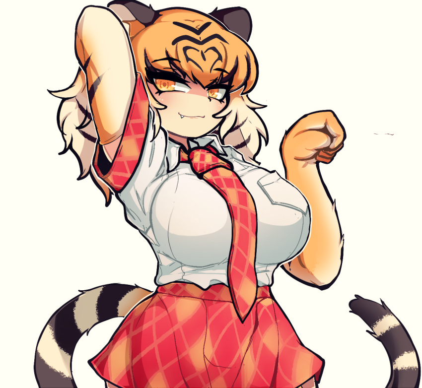 1girl animal_ears animal_print arm_up arms_behind_head bangs black_hair blonde_hair breast_pocket breasts collared_shirt colored_inner_hair elbow_gloves eyebrows_visible_through_hair fang fang_out gloves hand_up kama_astor kemono_friends large_breasts long_hair looking_at_viewer multicolored_hair necktie orange_hair paw_pose plaid plaid_necktie plaid_skirt plaid_sleeves plaid_trim pocket print_gloves shirt simple_background skirt smile solo streaked_hair tail tiger_(kemono_friends) tiger_ears tiger_girl tiger_print tiger_tail upper_body white_background white_shirt wing_collar yellow_eyes