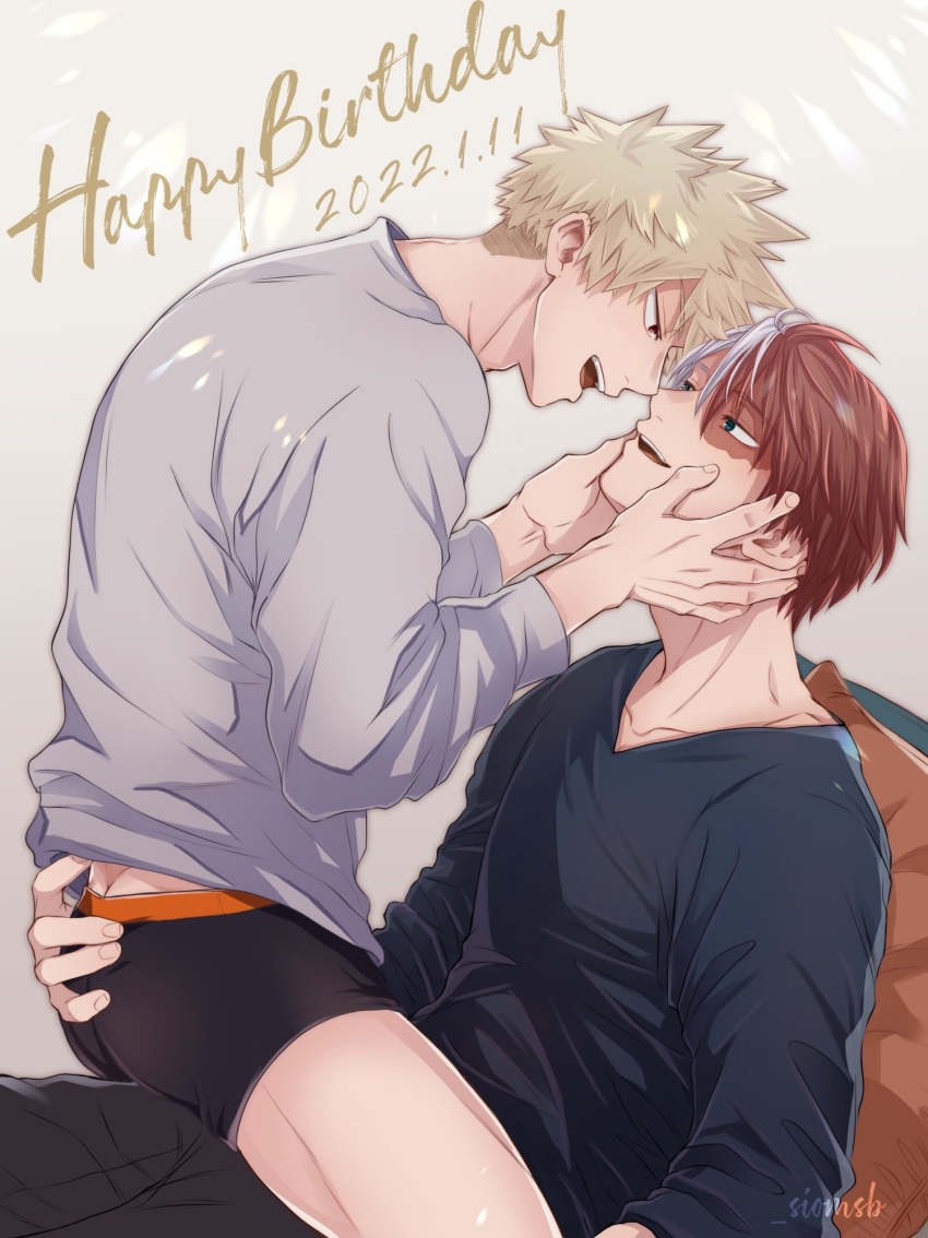 2boys bakugou_katsuki blonde_hair blue_eyes boku_no_hero_academia boxer_briefs burn_scar casual collarbone couple dated eye_contact grey_eyes hair_between_eyes hand_on_another's_ass happy_birthday heterochromia highres holding_another's_head imminent_kiss long_bangs long_sleeves looking_at_another male_focus male_underwear multicolored_hair multiple_boys no_pants open_mouth red_eyes red_hair salt_-_siomsb scar scar_on_face short_hair sitting sitting_on_lap sitting_on_person smile spiked_hair split-color_hair straddling teeth text_focus thighs todoroki_shouto toned toned_male twitter_username two-tone_hair underwear white_hair yaoi