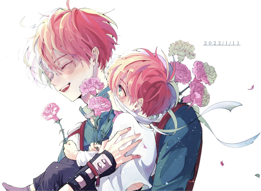 2boys ahoge bandages birthday blue_eyes boku_no_hero_academia burn_scar carnation casual costume dated dual_persona flower grin hair_between_eyes highres holding holding_flower holding_person if_they_mated light_smile long_bangs male_focus messy_hair multicolored_hair multiple_boys open_mouth r_suku red_hair scar scar_on_face short_hair smile split-color_hair tears todoroki_shouto two-tone_hair white_background white_hair younger