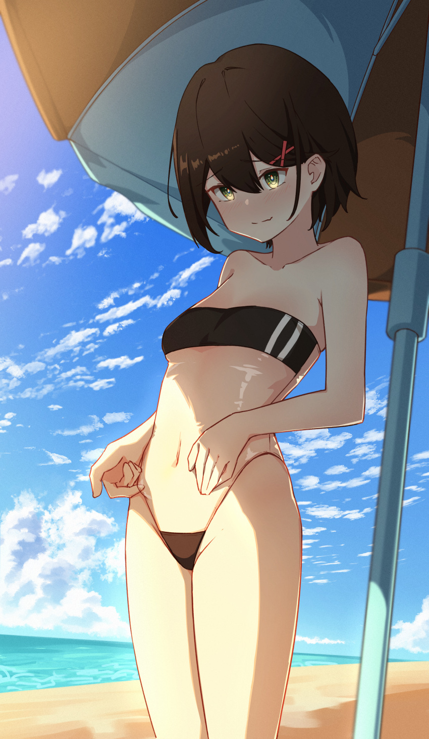 1girl absurdres bangs bare_arms bare_shoulders beach beach_umbrella black_hair black_swimsuit blue_sky breasts closed_mouth cloud collarbone covered_navel day eyebrows_visible_through_hair green_eyes hair_between_eyes hair_ornament hairclip highres horizon jl_tan ocean one-piece_swimsuit original outdoors sand see-through see-through_swimsuit sky small_breasts smile solo standing strapless strapless_swimsuit swimsuit umbrella x_hair_ornament
