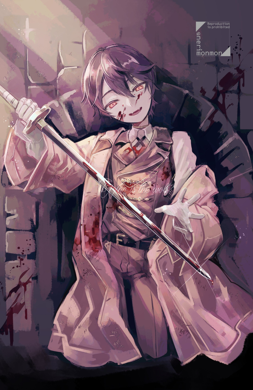 1boy absurdres blood blood_splatter commentary commentary_request dark dark_background darkness evil_eyes evil_smile fangs hair_between_eyes haunting highres katana kenmochi_touya looking_at_viewer male_focus murder nerimono_(nekokoban22) nijisanji open_mouth shadow short_hair smile solo standing sword virtual_youtuber weapon yellow_eyes