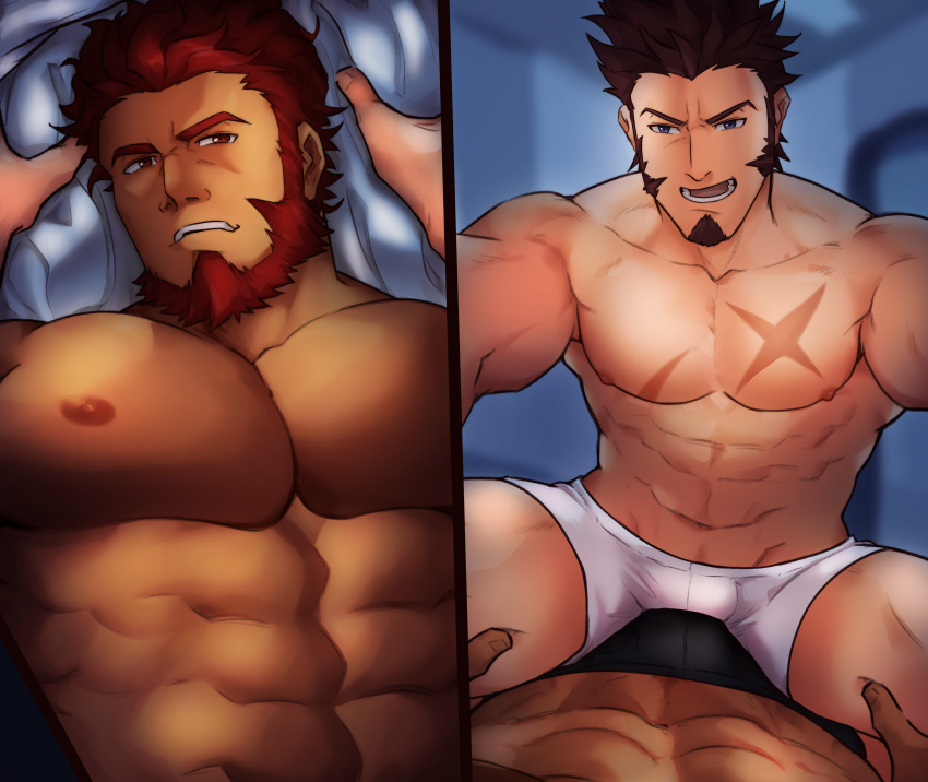 2boys abs absurdres bara beard black_hair black_male_underwear boxer_briefs brown_hair bulge bulge_press bulges_touching cross_scar facial_hair fate/grand_order fate_(series) goatee highres iskandar_(fate) large_pectorals loboke long_sideburns male_focus male_underwear multiple_boys muscular muscular_male napoleon_bonaparte_(fate) navel nipples on_person open_mouth pectorals scar scar_on_chest short_hair sideburns smile underwear yaoi